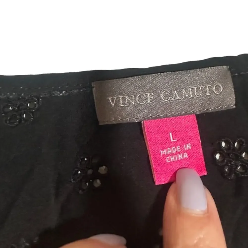 Vince Camuto Black Floral Embroidered Half Button Front Blouse Women Sz L - Picture 7 of 9